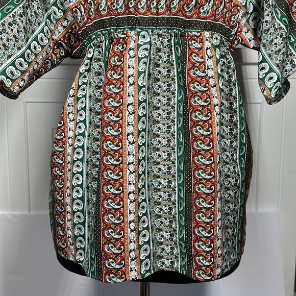 Umgee V-Neck Short Kimono Sleeve Tunic Top Fringe Paisley Aztec Embroidery Sz S - Picture 5 of 13
